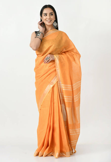 Mominos Fashion Moeza Orange Bhagalpuri Handloom Silk Linen Saree with unstitched Blouse piece