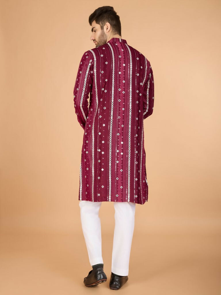 Vastranavya Maroon Exclusive Festival Wear Pure Viscose Rayon Sequence & Foil Mirror Heavy Embroidered Work Kurta