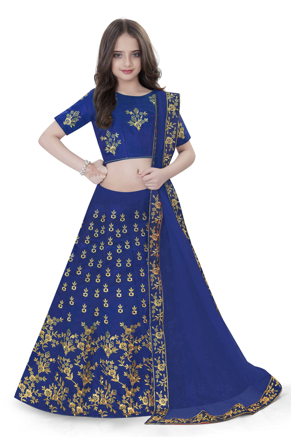 Dwiden Royal Blue Baby Doll Tafetta Sattin Semi-Stitched Girl's Lehenga Choli