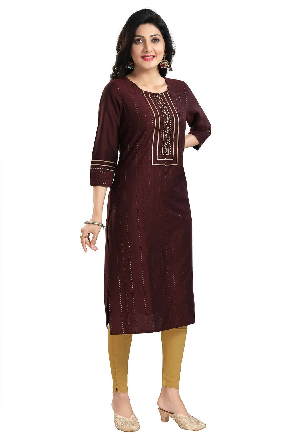 Snehal Creations Beautiful Brown Cotton Silk Designer Long Kurti Tunic With Sequines Embroidery - Distacart
