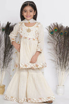 Little Bansi Floral Embroidery Jacket With Cotton Lurex Frock Sharara And Dupatta With Ghungroo Handwork - Cream