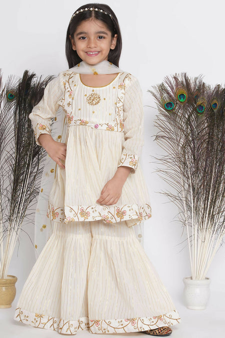 Little Bansi Floral Embroidery Jacket With Cotton Lurex Frock Sharara And Dupatta With Ghungroo Handwork - Cream
