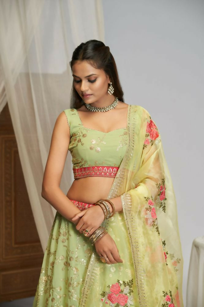 Pista Green Floral Georgette Sequence Work Lehenga Choli - Jihu Culture