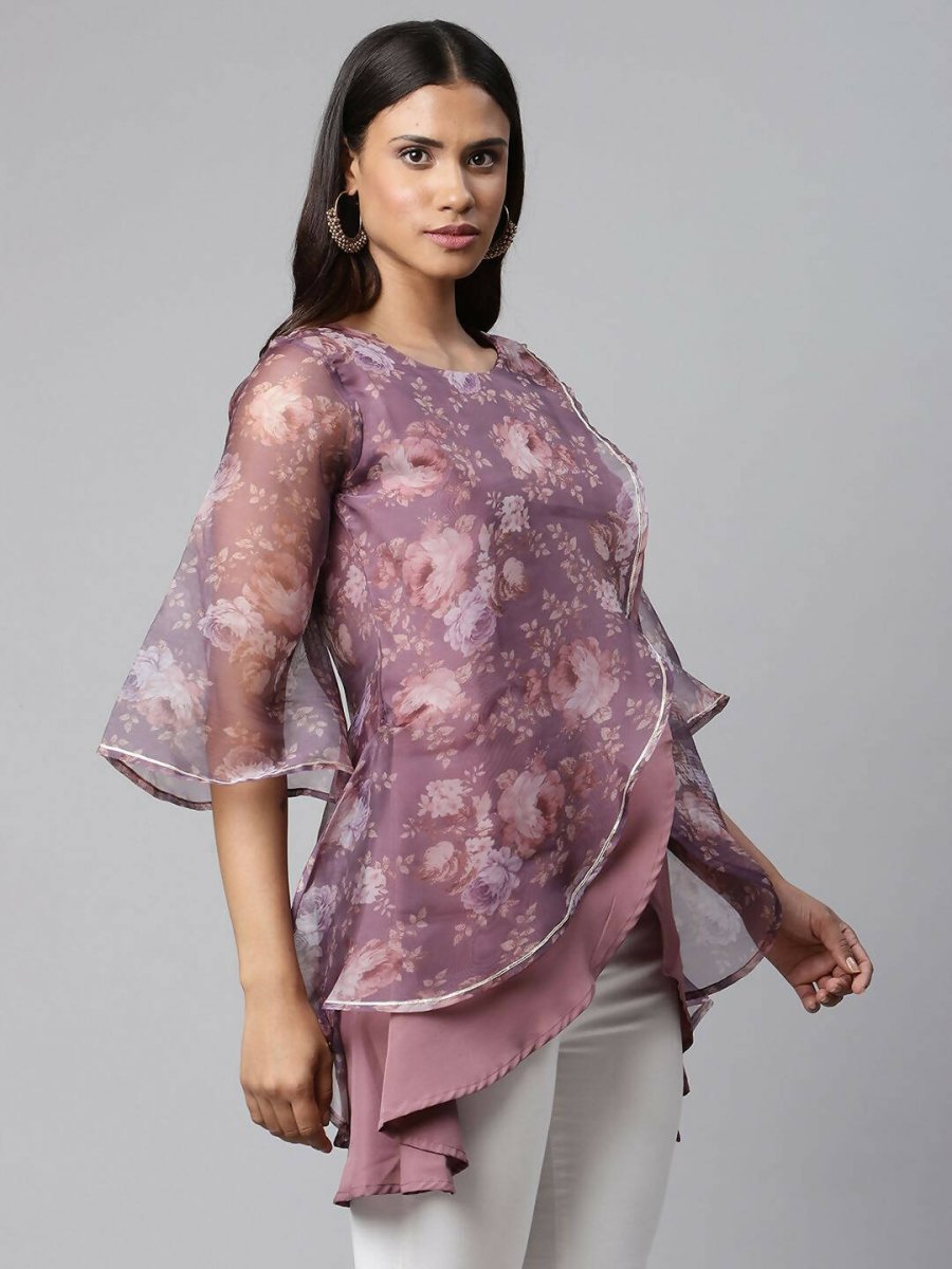 Ahalyaa Women Mauve Organza Digital Printed Tunic - Distacart