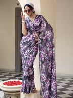 Vastranavya Grey Weightless Marble Printed & Pearl Lace Border Saree with Unstitched Blouse