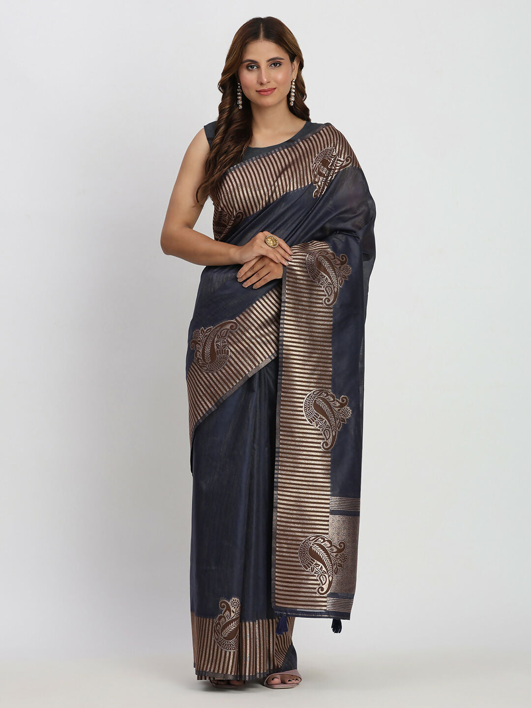 Shree Shyam Fashion Linen Cotton Navy Blue Saree - Distacart