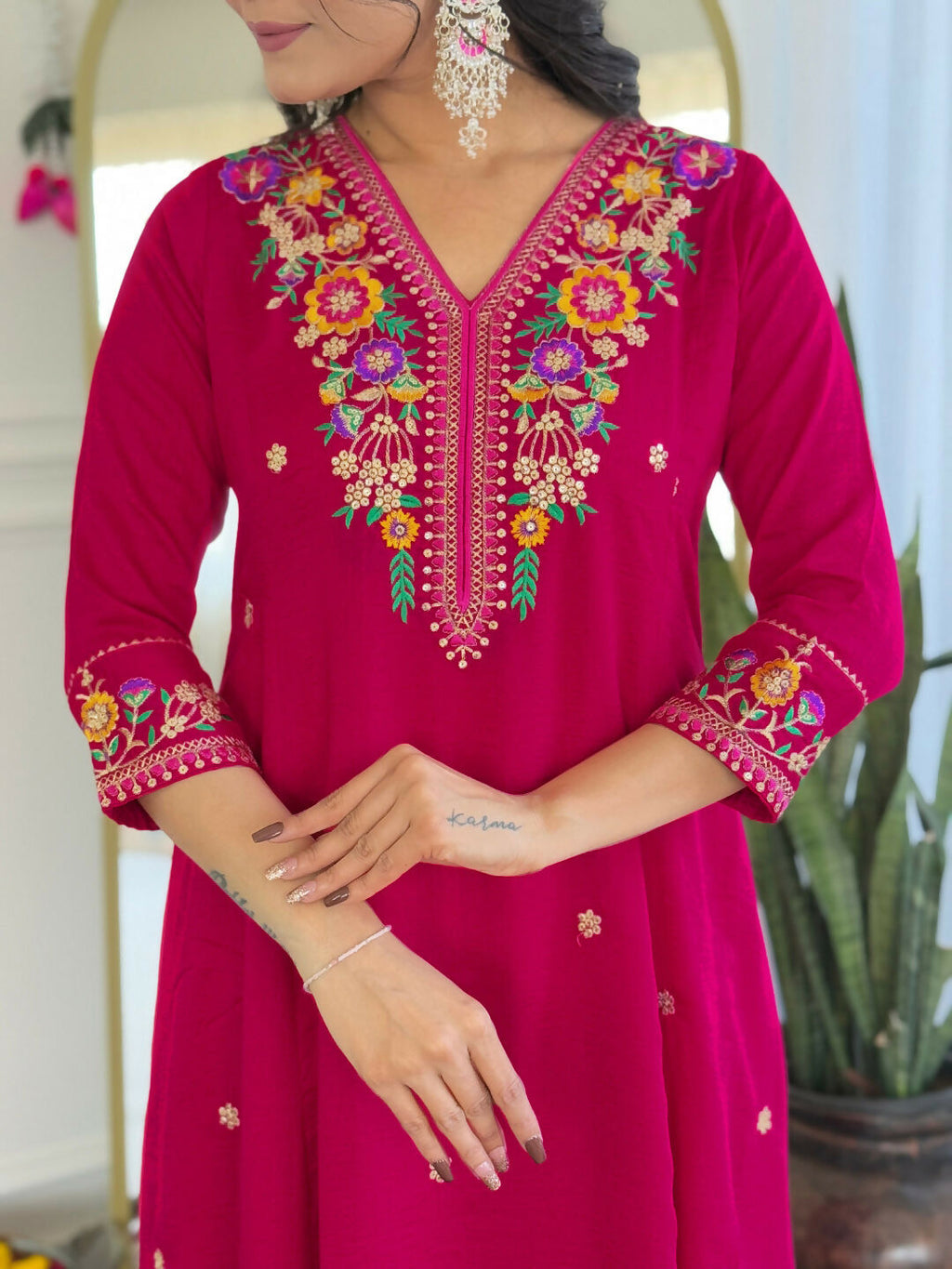 The52 Rani Women's Beautiful Embroidered Work Vichitra Silk Fabric Straight Kurta Pant and Dupatta Set - Distacart