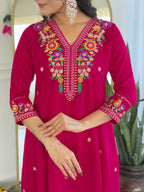 The52 Rani Women's Beautiful Embroidered Work Vichitra Silk Fabric Straight Kurta Pant and Dupatta Set - Distacart