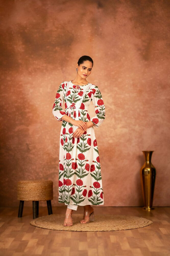 Joban Fashion Red Rose Floral Hand Block Printed Cotton Kurta Pant Set - Distacart