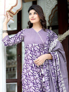 Miravan Women's Floral Block Printed Purple Angrakha Kurta And Palazzo With Dupatta Set