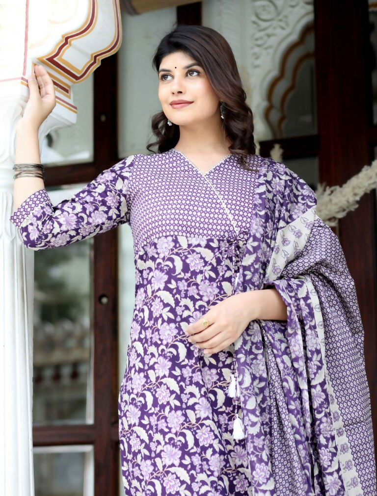 Miravan Women's Floral Block Printed Purple Angrakha Kurta And Palazzo With Dupatta Set