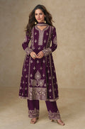 Anaita Dark Purple Chinon Silk Stitched Suit with Embroidery & Sequence Work - Distacart