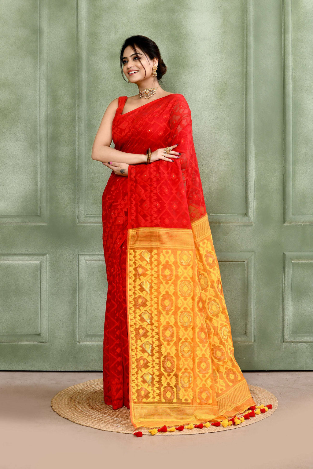 Piyari Fashion Women's Red Embellished Cotton Blend Jamdani Saree - Distacart