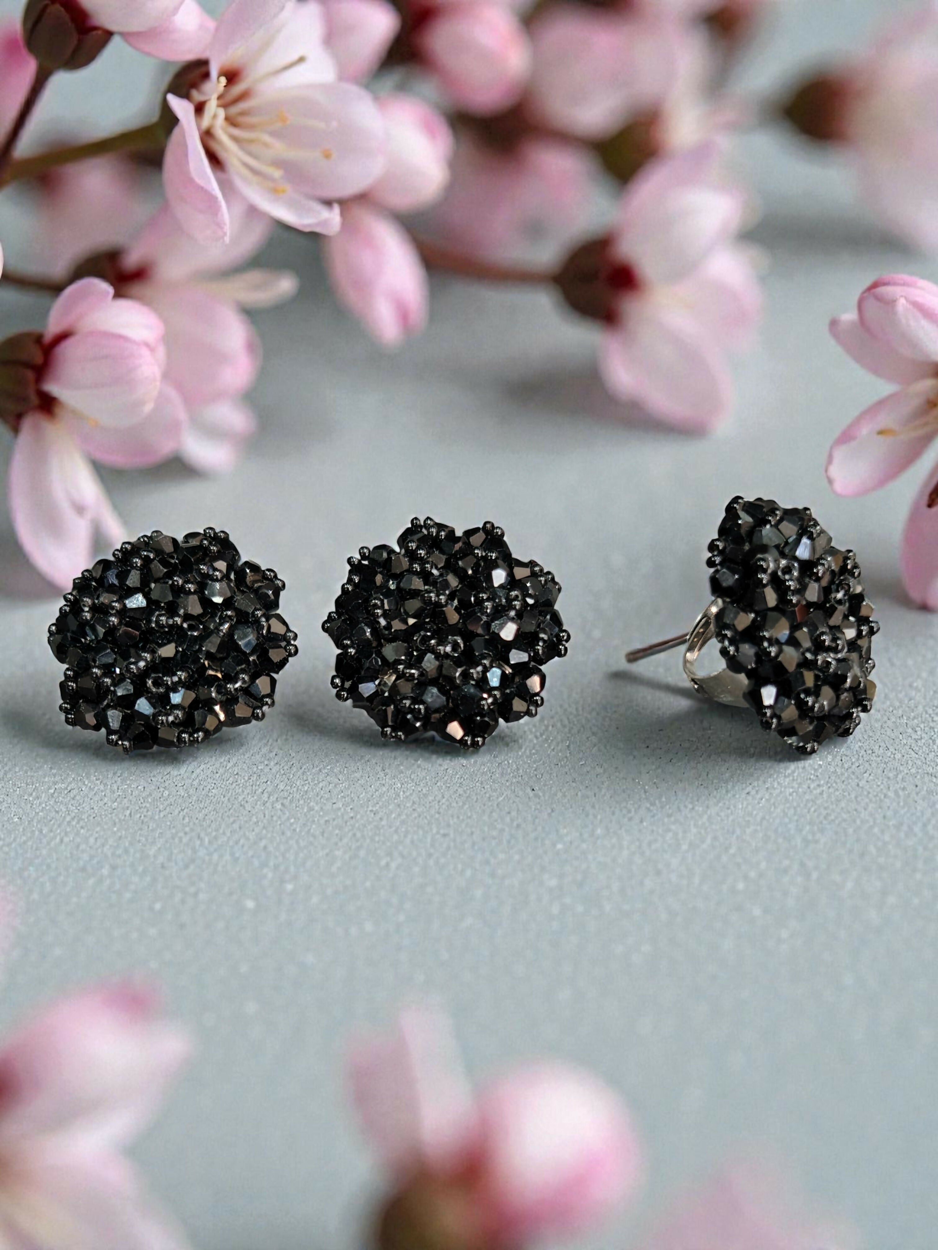 Inhanns Rangmani Crystal Duo – Adjustable Ring + Statement Earrings Set - Black - Distacart