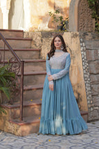 Joban Fashion Sky Blue Georgette Sequence Embroidery Work Kurta Set - Distacart