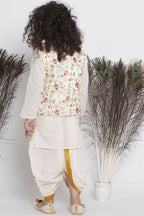 Little Bansi Banarsi Floral Embroidery Jacket Wth Cotton Kantha kurta And Kantha Dhoti - Cream