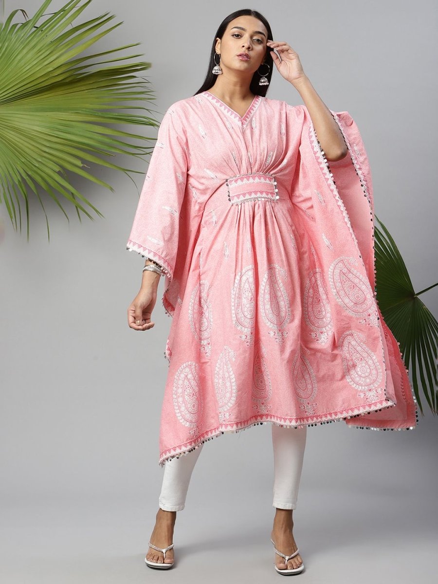 Ahalyaa Women Pink Pure Cotton Printed Kaftan Kurta