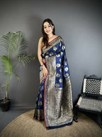Joban Fashion Navy Blue Ethnic Floral Motifs Soft Lichi Silk Banarasi Saree - Distacart