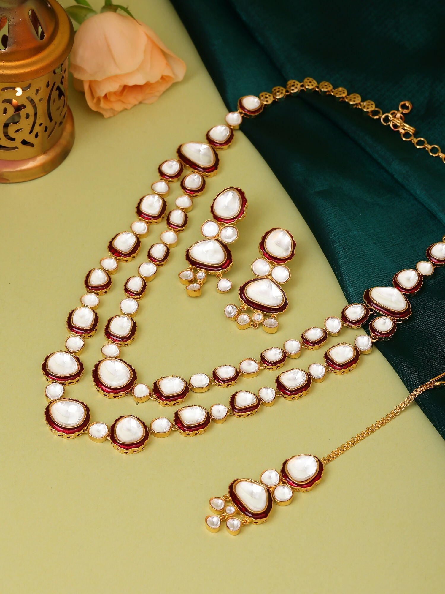 Ruby Raang 22k Gold Polished Red Meenakari Kundan Layered Necklace With Earrings & Maang Tikka