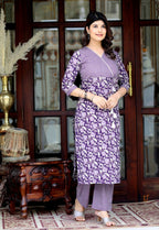 Miravan Women's Floral Block Printed Purple Angrakha Kurta With Floral Palazzo