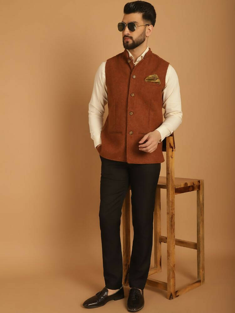 Even Apparels Pure Wool Nehru Jacket - Brown