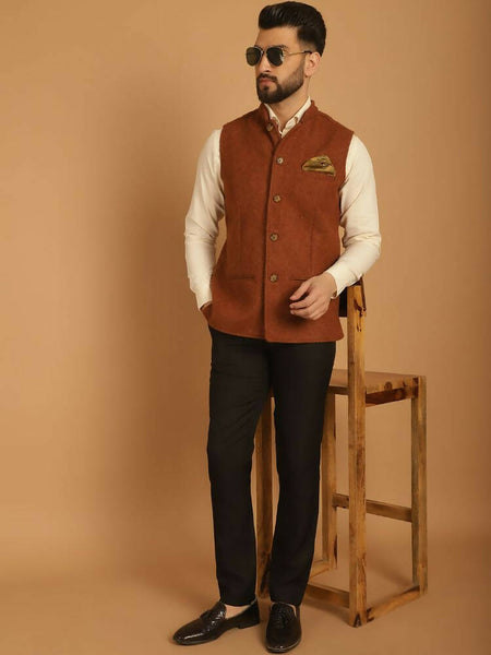 Even Apparels Pure Wool Nehru Jacket - Brown