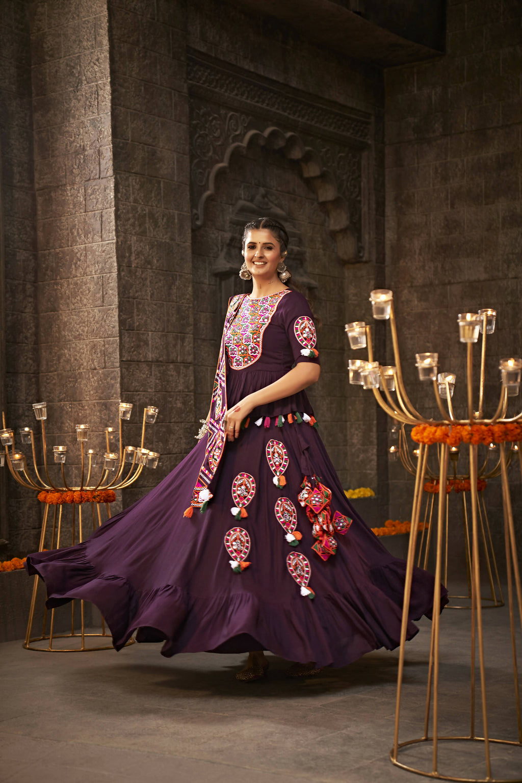 Purple Viscose Rayon Thread Embroidered Navratri Lehenga Choli with Dupatta - Raas