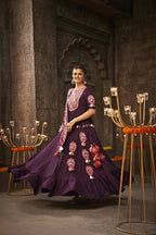 Purple Viscose Rayon Thread Embroidered Navratri Lehenga Choli with Dupatta - Raas