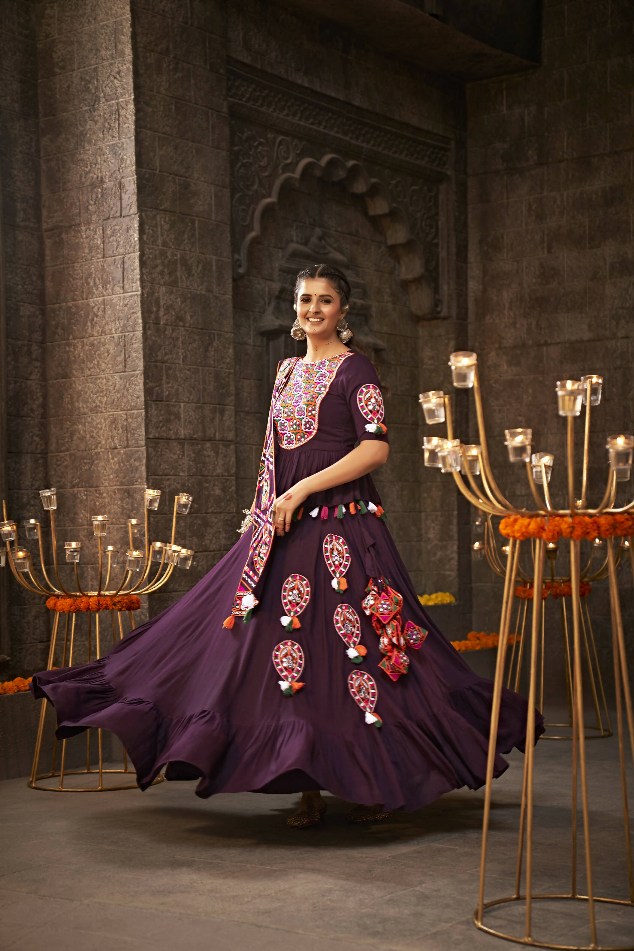 Purple Viscose Rayon Thread Embroidered Navratri Lehenga Choli with Dupatta - Raas