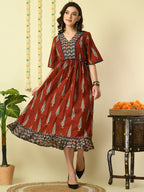 Myshka Women's Rust Printed Cotton Party Dress - Distacart