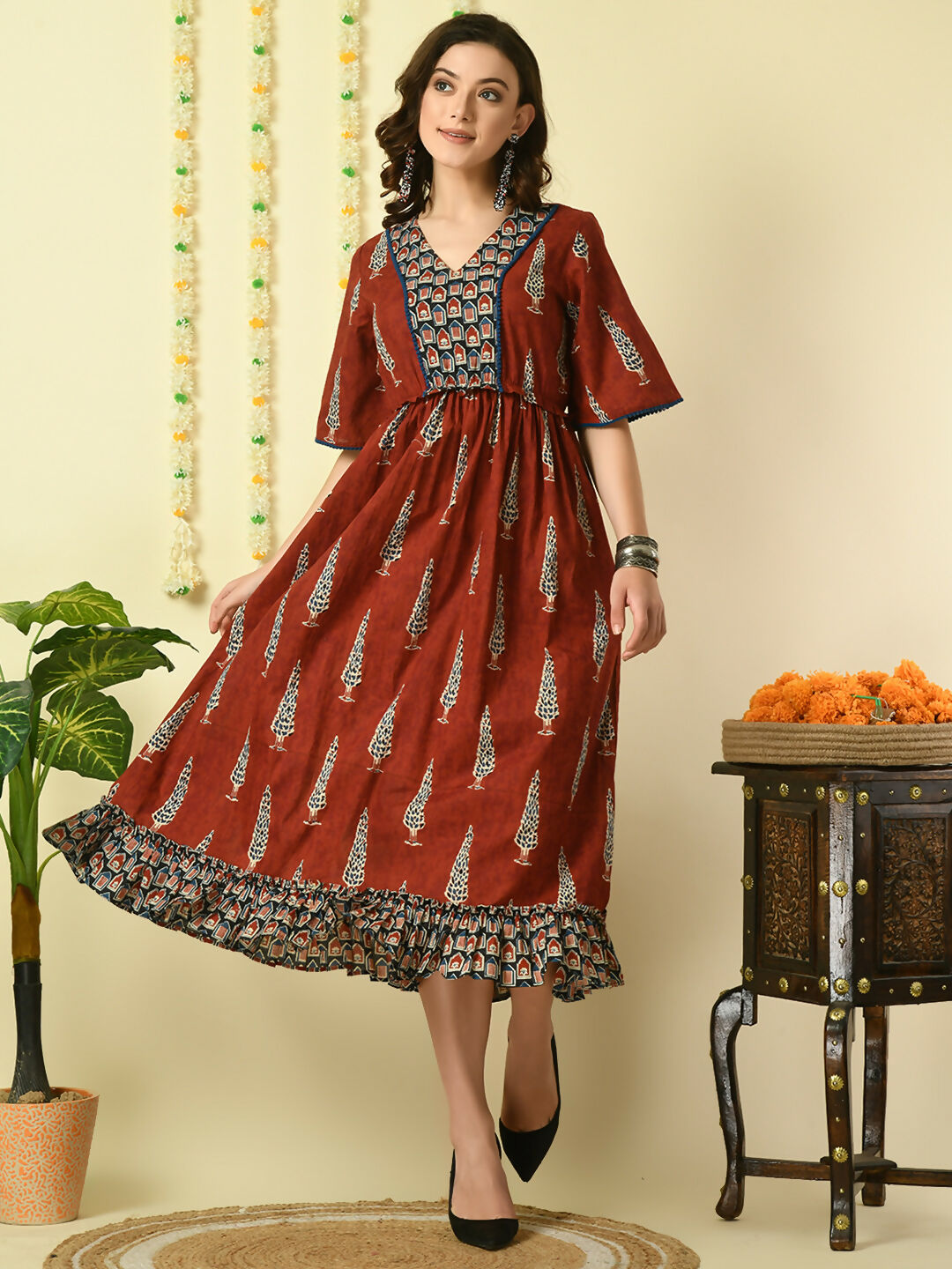 Myshka Women's Rust Printed Cotton Party Dress - Distacart
