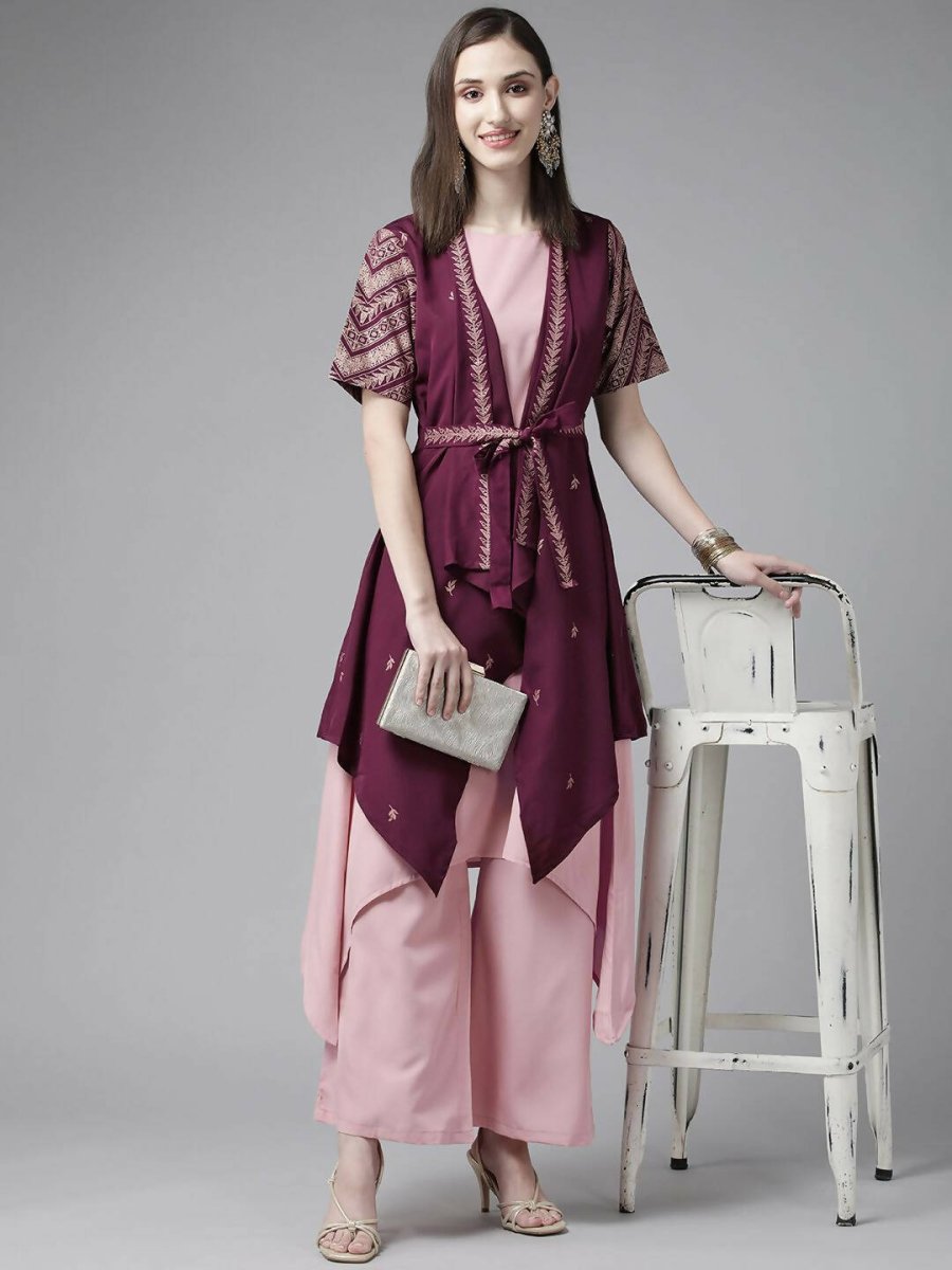 Ahalyaa Women Rose Pink Crepe Kurta Palazzos Set With Burgundy Jacket - Distacart
