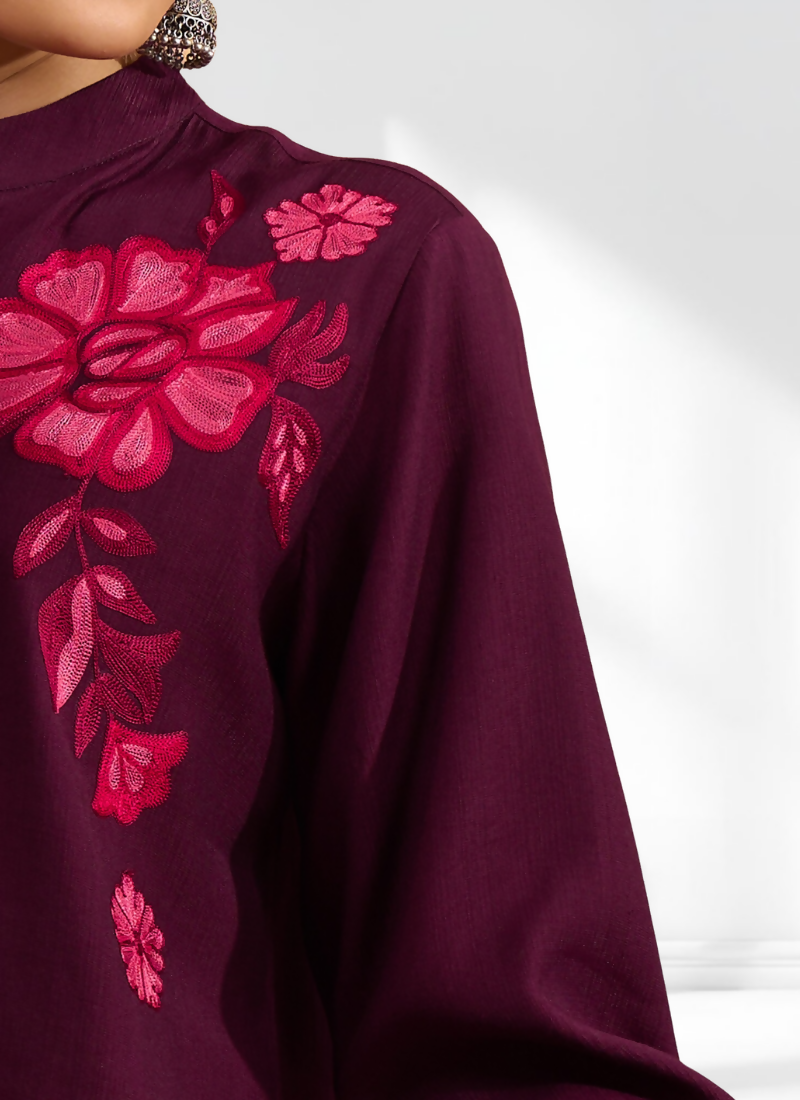 Joban Fashion Wine Silk Embroidered Readymade Tunic - Distacart