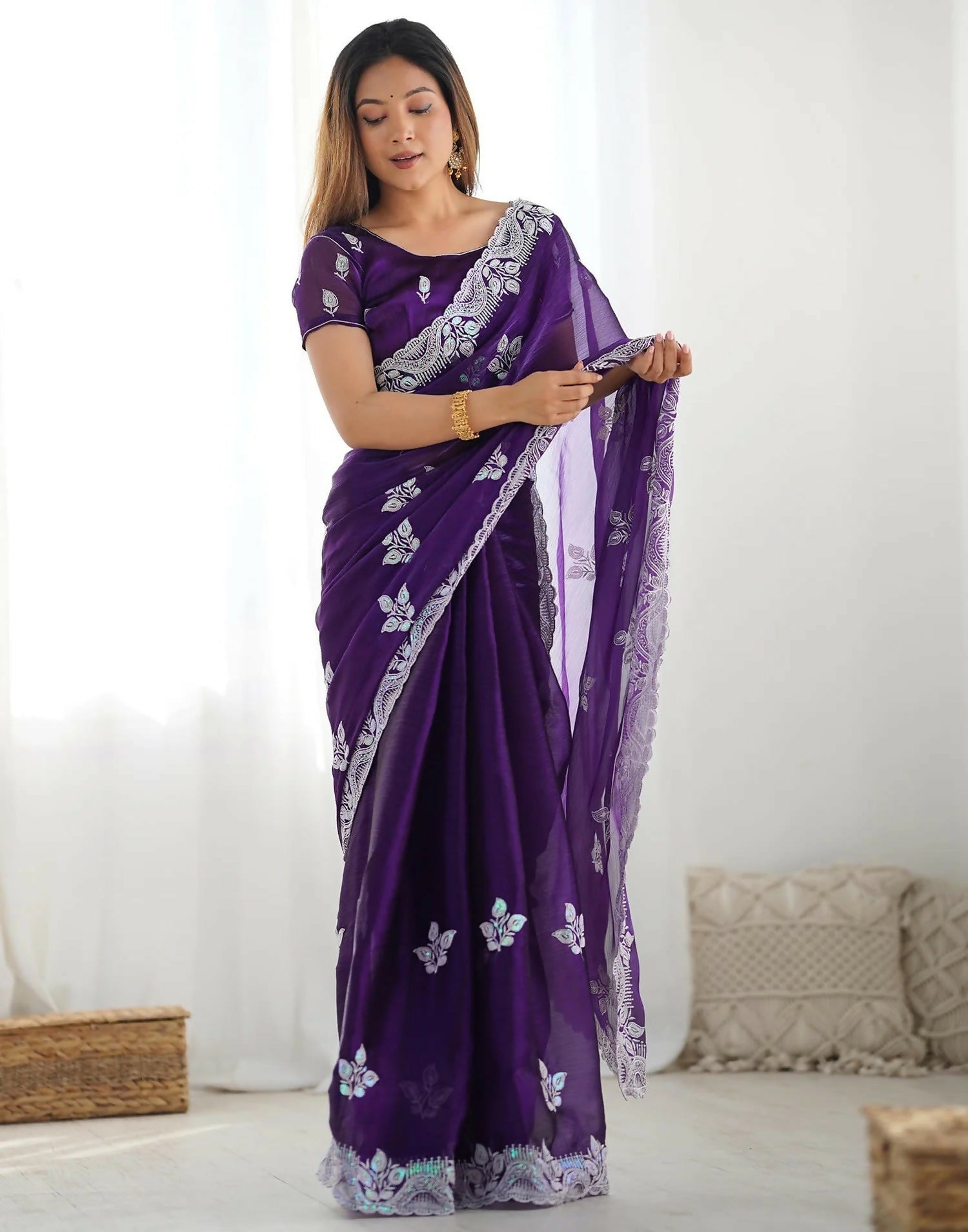 Joban Fashion Shimmer Chiffon Pastel Purple Color Sequence Saree - Distacart