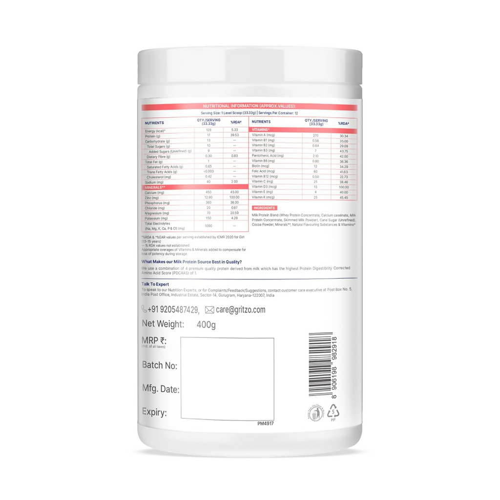 Gritzo SuperMilk Athlete (13+y Boy & Girl),17g Protein Powder - Double Chocolate - Distacart