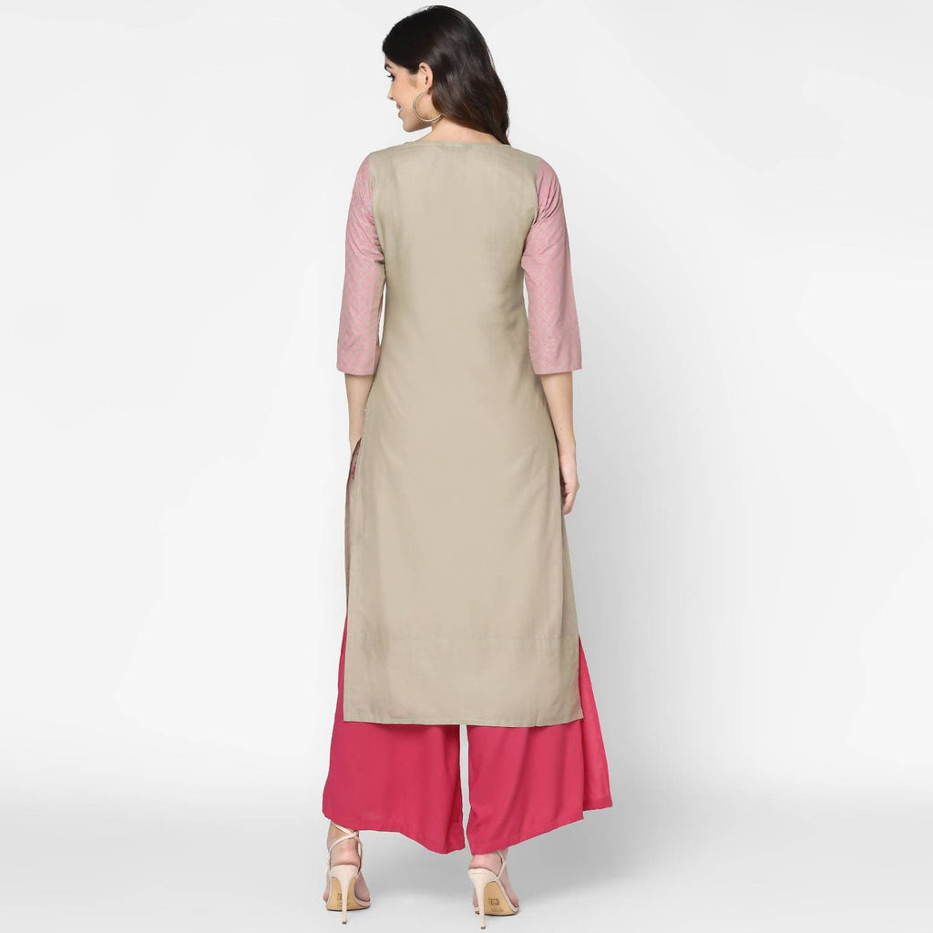 Cheera Hand Block Print Khaki Straight Kurta (MAAI-051K)