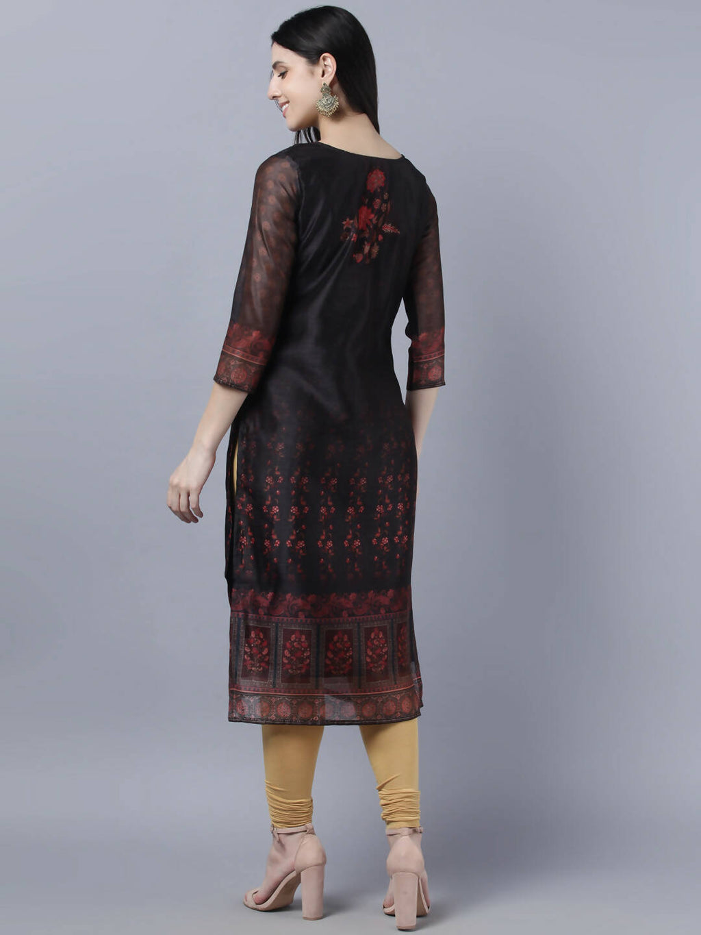 Myshka Women Black Red Floral Printed Chanderi Silk Kurta - Distacart