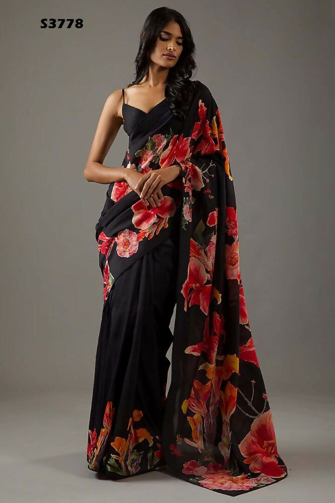 Black Bright Moss Designer Digital Printed Party Wear Saree - Be Verly
