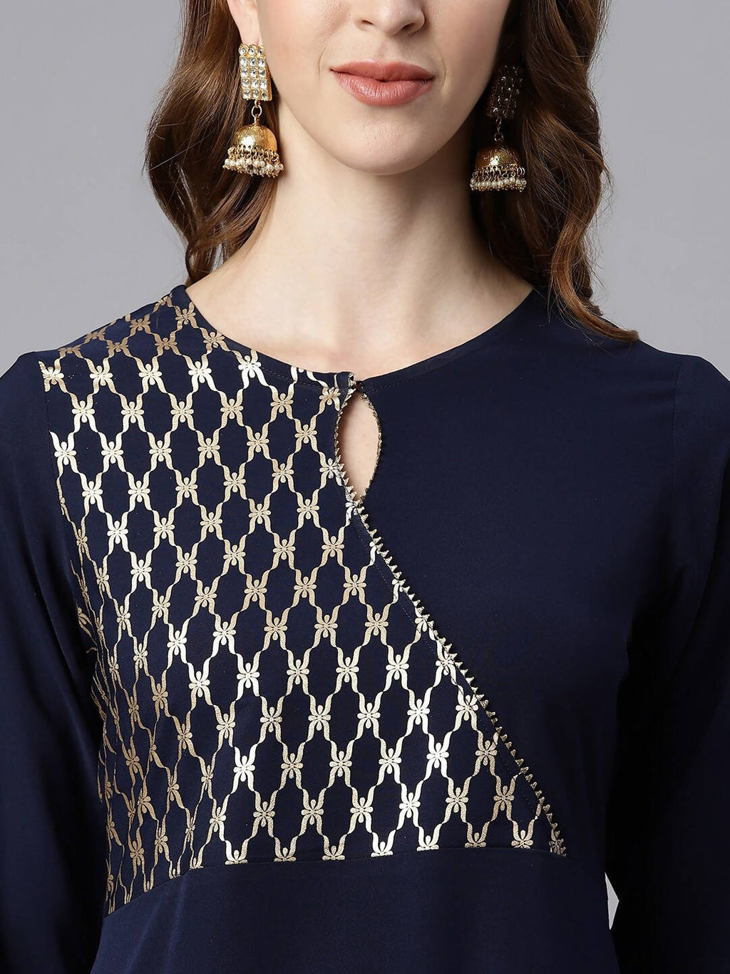 Janasya Navy Blue & Gold-Toned Printed Yoke Design Keyhole Neck Crepe Anarkali Kurta - Distacart