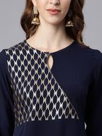 Janasya Navy Blue & Gold-Toned Printed Yoke Design Keyhole Neck Crepe Anarkali Kurta - Distacart