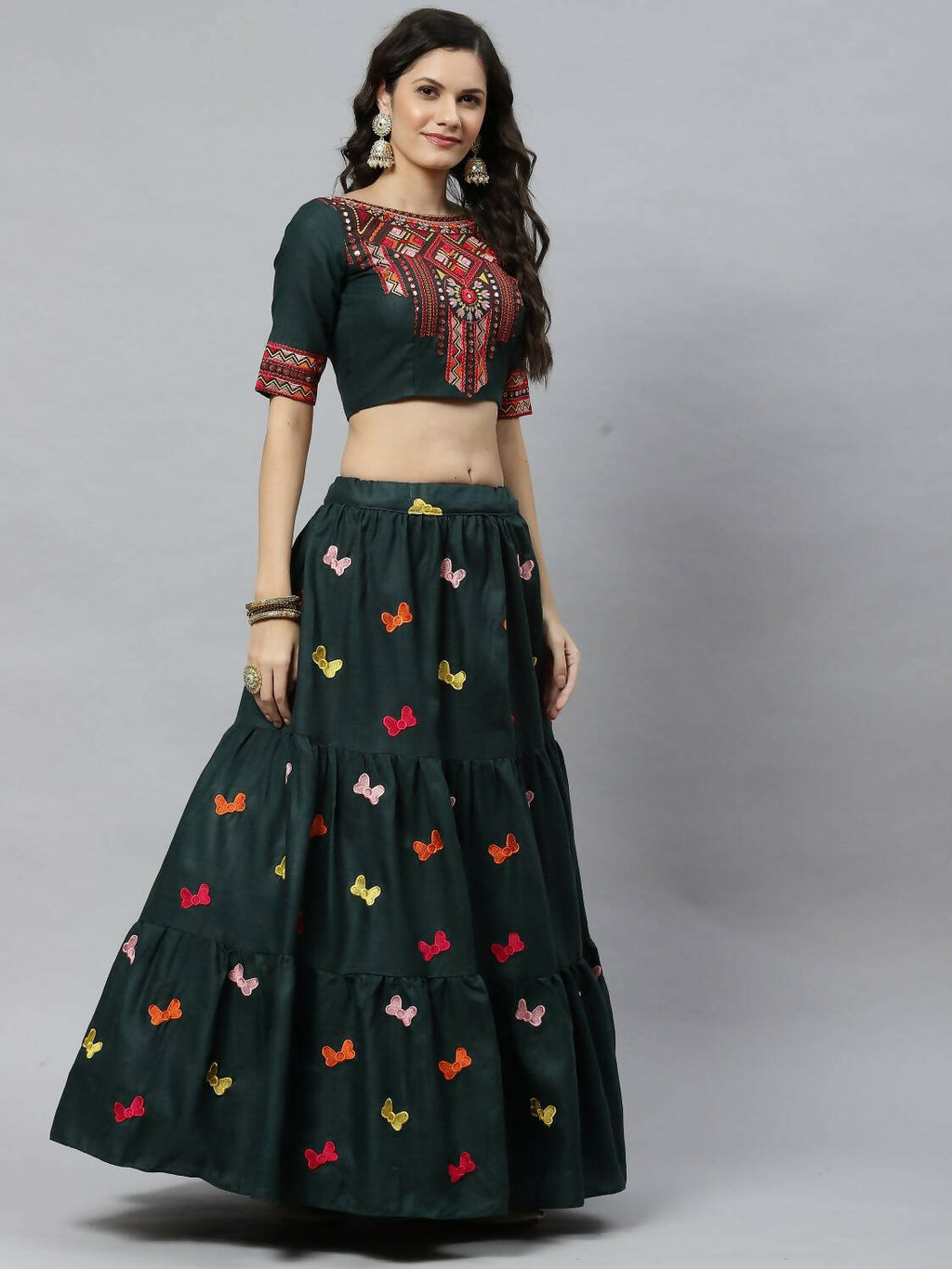 Dark Green Cotton Embroidered Work Lehenga Choli with Dupatta - Jivika