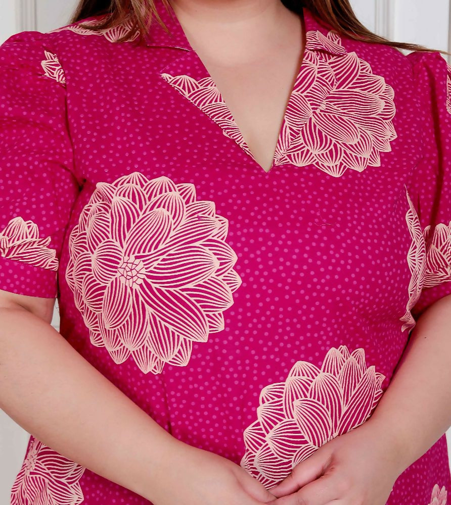 Miravan Plus Size Womens Pink Printed Collar Neck Short Puff Sleeves Cotton A-Line Maxi Dress - Distacart