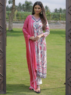 The52 Women's Beautiful Rayon Fabric Printed Work Flared Kurta Pant and Dupatta Set - Distacart