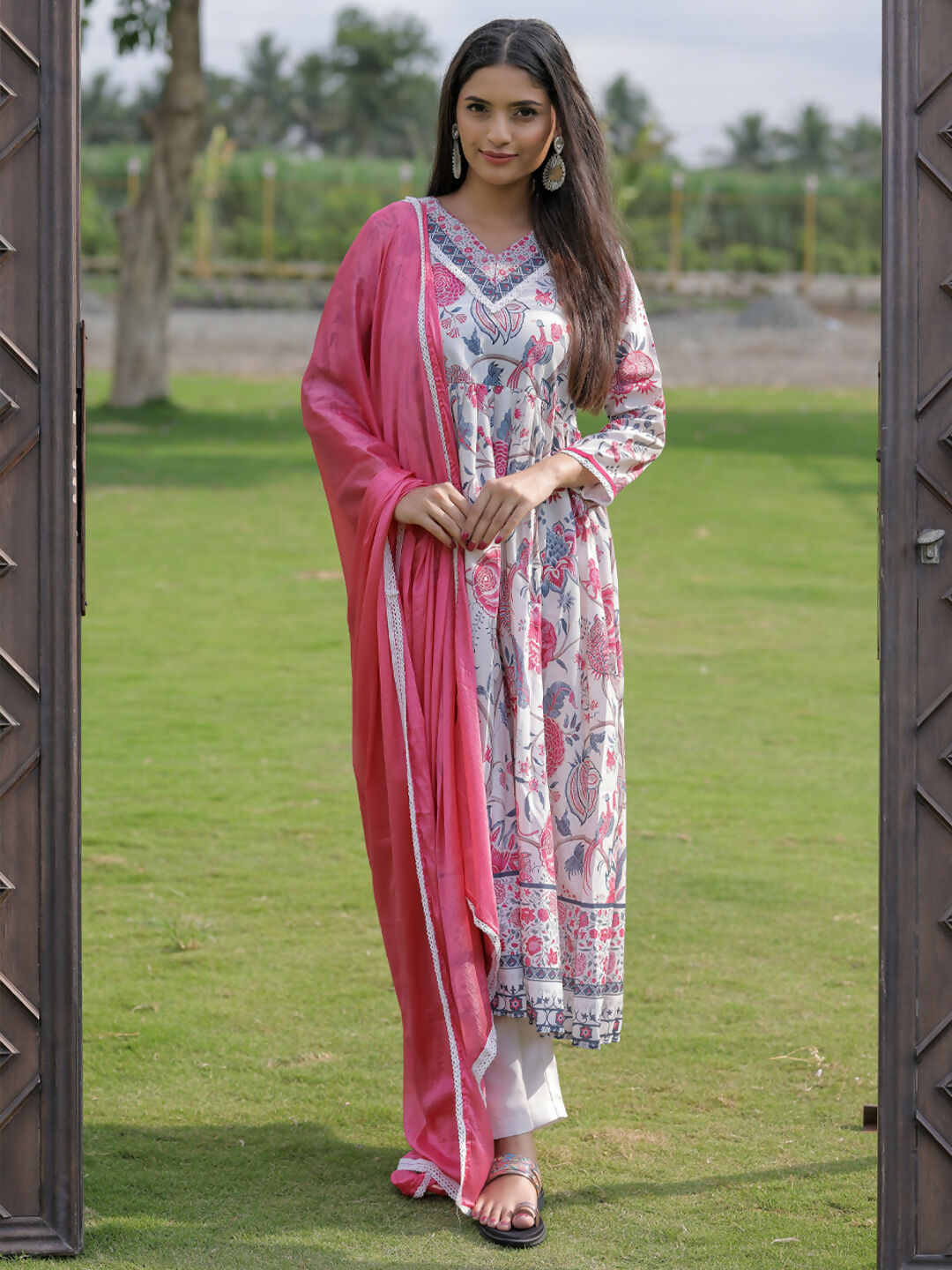 The52 Women's Beautiful Rayon Fabric Printed Work Flared Kurta Pant and Dupatta Set - Distacart