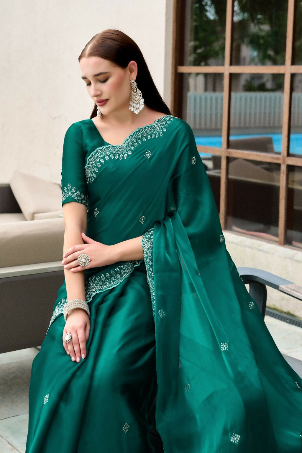 Vastranavya Rama Embroidery Work Shimmer Chiffon Saree with Unstitched Blouse - Distacart