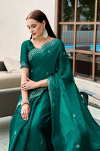 Vastranavya Rama Embroidery Work Shimmer Chiffon Saree with Unstitched Blouse - Distacart