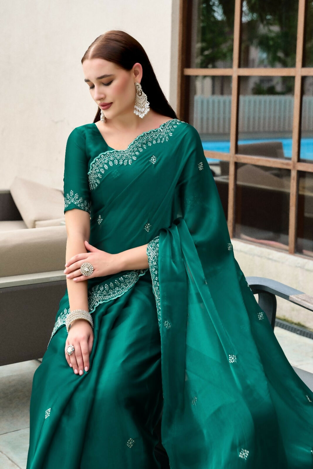 Vastranavya Rama Embroidery Work Shimmer Chiffon Saree with Unstitched Blouse - Distacart