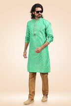 Raivat Ethnic Jacquard Banarasi Silk Pintux Work Kurta Pajama In Green Colour
