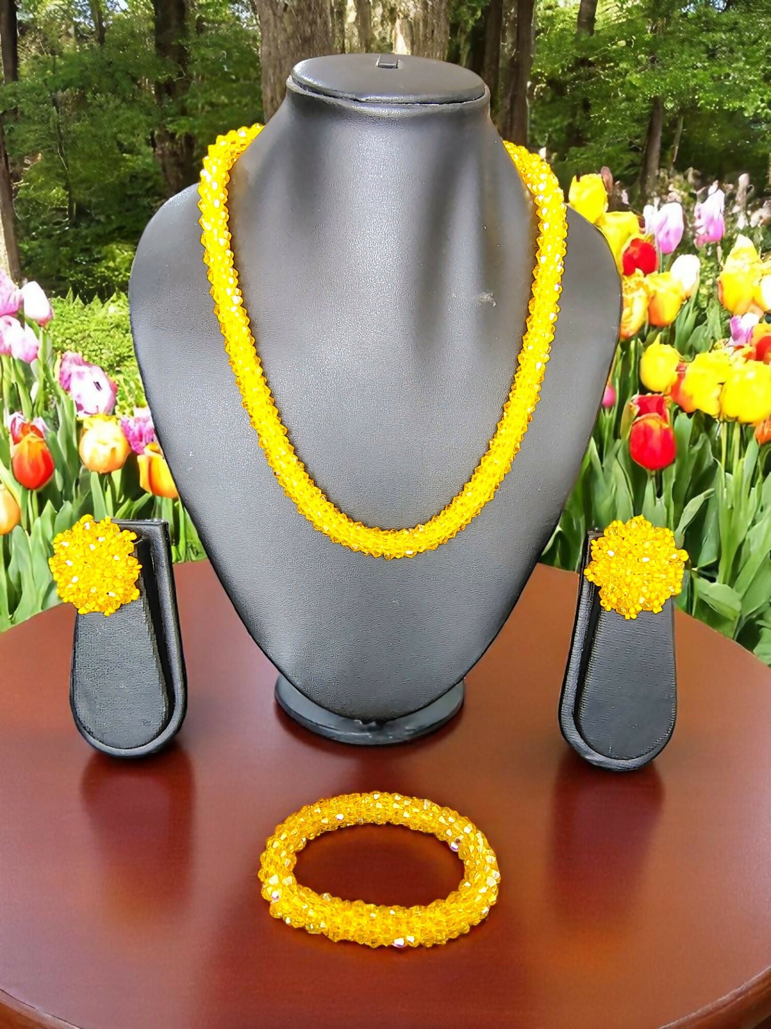 Inhanns Complete Look Crystal Statement 3-Piece Set (Adjustable Necklace + Earrings + Adjustable Bangle ) - Yellow
