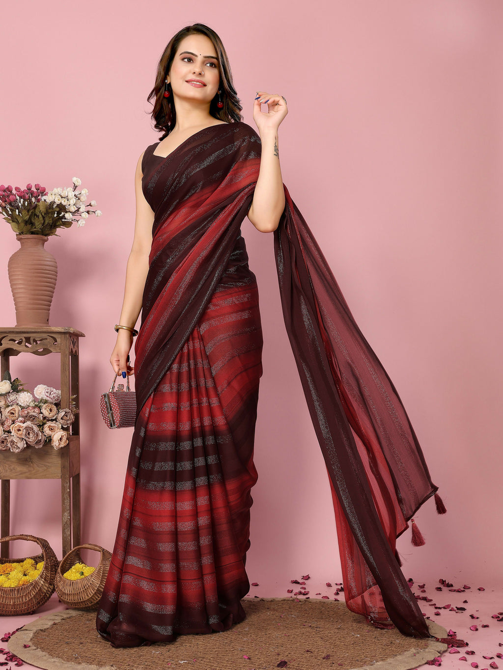 Attractive These Party Wear Ready To Wear Saree - Burgundy